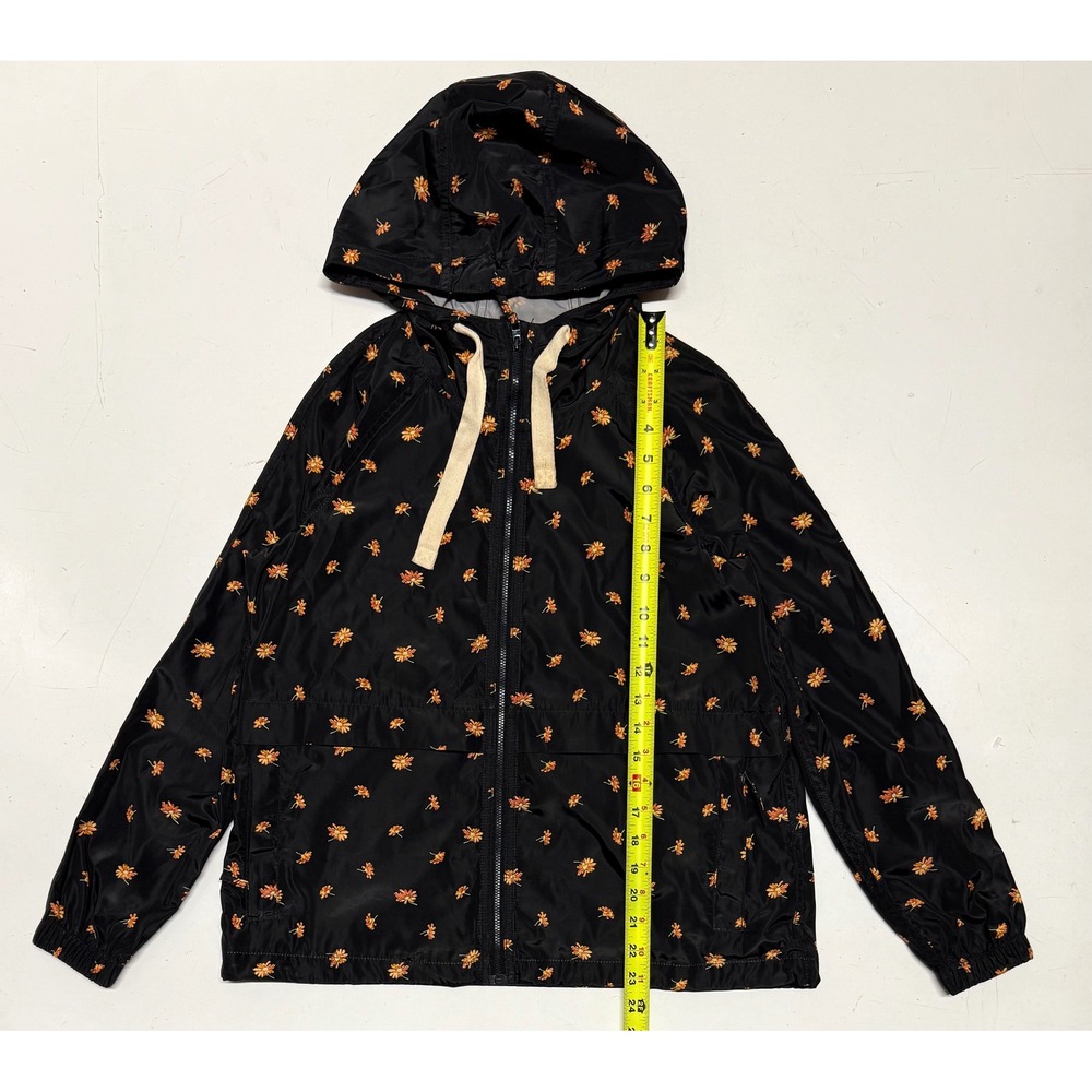 Madewell Floral‎ Packable Rain Coat Jacket Black Daisy Print Zip Hooded XXS